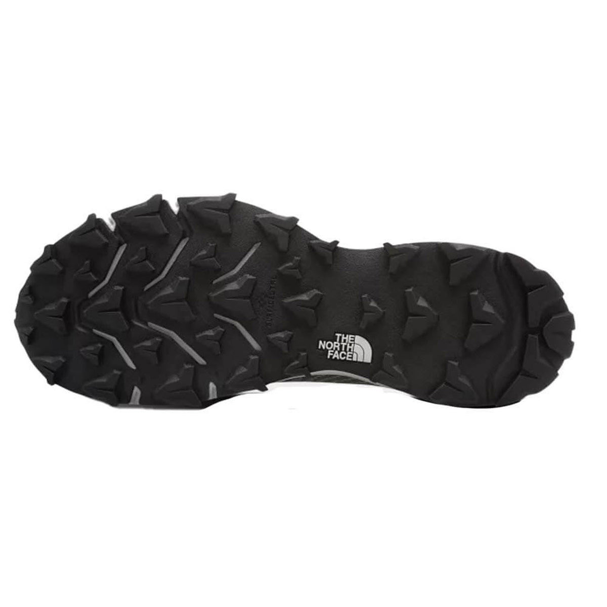 Sole of a black Men&#39;s North Face VECTIV Fastpack hiking boot featuring deep treads and the North Face logo in the center.