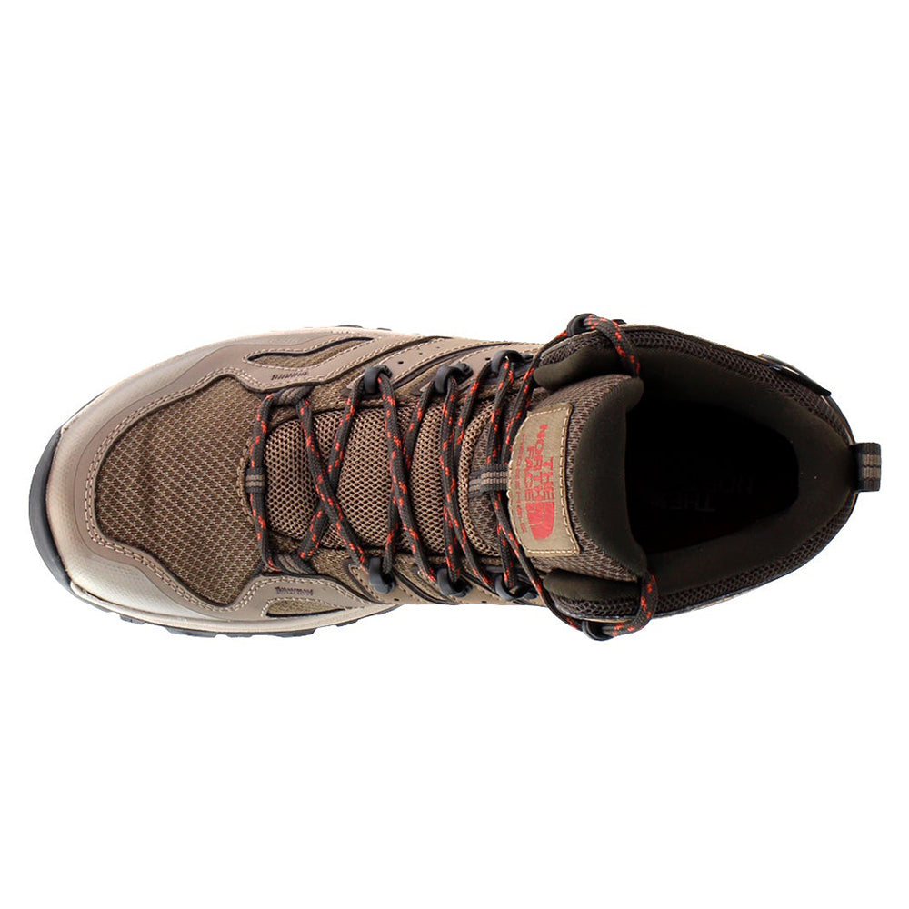 Top view of a North Face Hedgehog Fastpack II Mid WP Brown - Mens lightweight hiking shoe with orange and black laces, featuring a mesh upper and sturdy sole design.