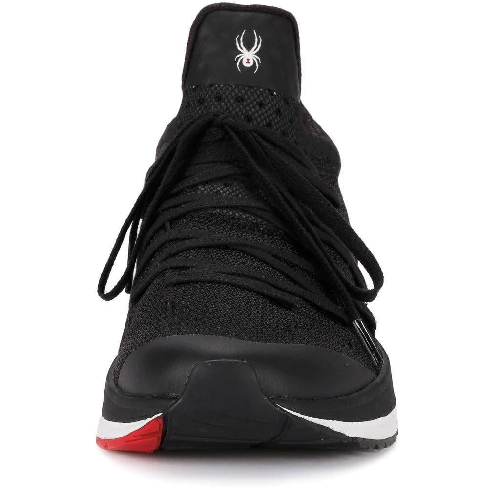 A Spyder Tempo black high-top men&#39;s athletic shoe viewed from the front, featuring a zip detail, lace-up closure, and a red and white sole. A logo is visible on the tongue.