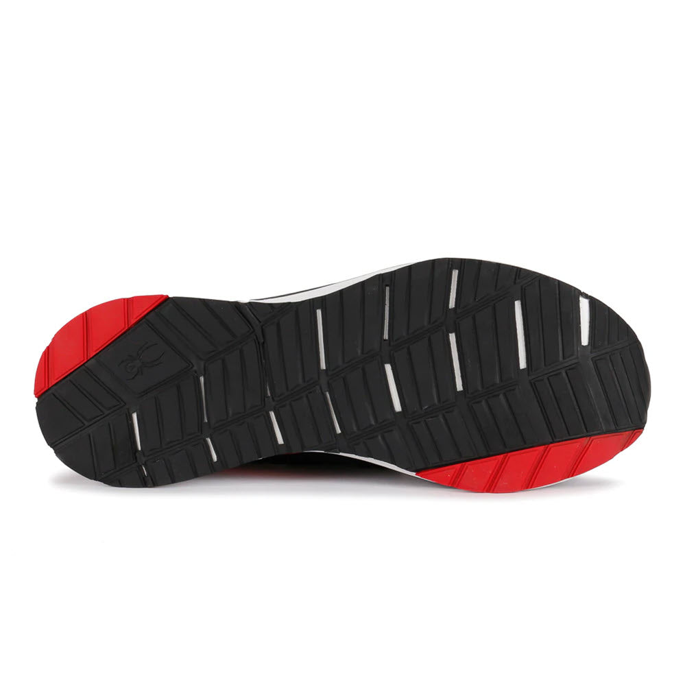 A photo of the black and red treaded sole of a Spyder men&#39;s athletic shoe, showing detailed texture and design.