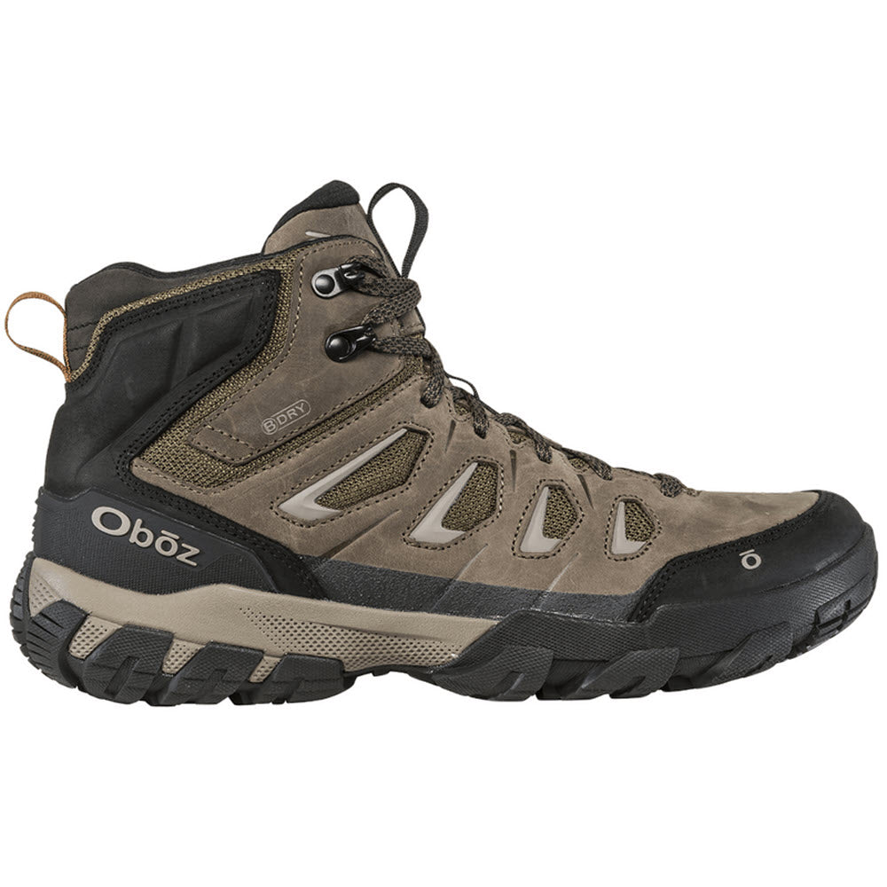 Men&#39;s Oboz Sawtooth X Mid Bdry Canteen hiking boot with black and gray accents, featuring B-DRY waterproof technology.