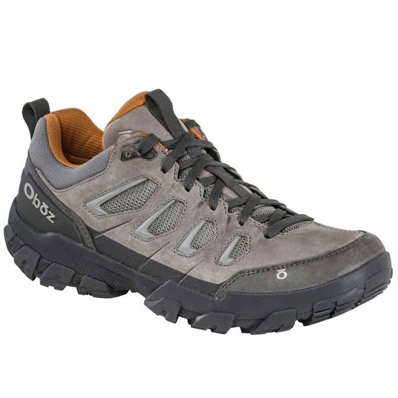 A single pair of Oboz Sawtooth X Low Hazy Gray trail shoes with reliable traction displayed against a white background.