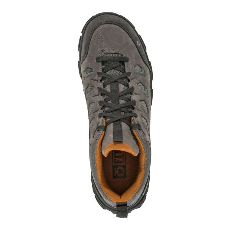 Top view of an Oboz Sawtooth X Low Hazy Gray - Mens trail shoe with orange interior and reliable traction.