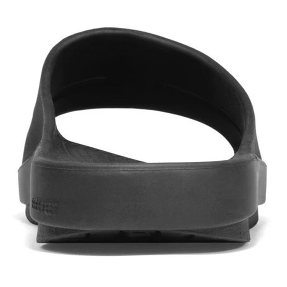 Black Oofos silicone mouthpiece for a snorkel or scuba diving regulator, viewed from the side, similar in comfort to an Oofos Ooahh recovery slide.