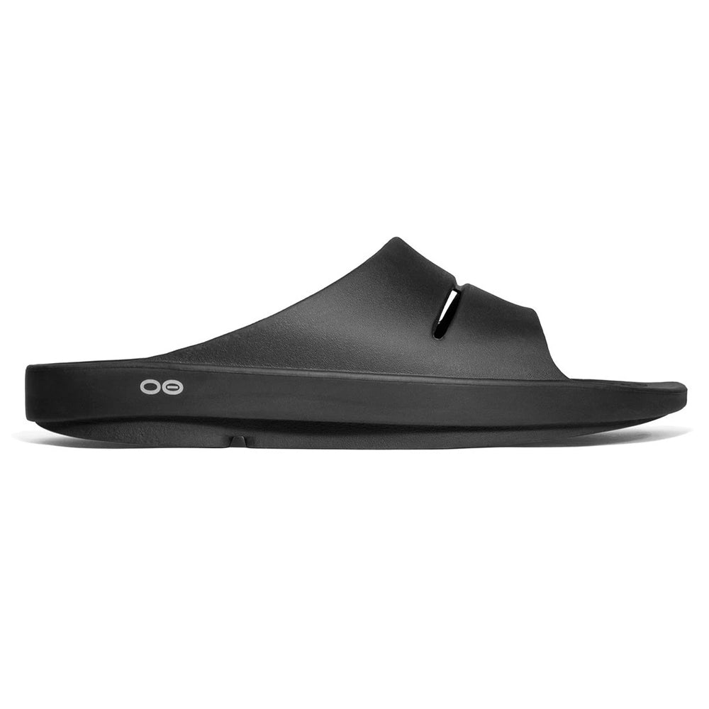 Black Oofos Ooahh recovery slide sandal on a white background - OOFOS OOAHH BLACK - MENS by Oofos.