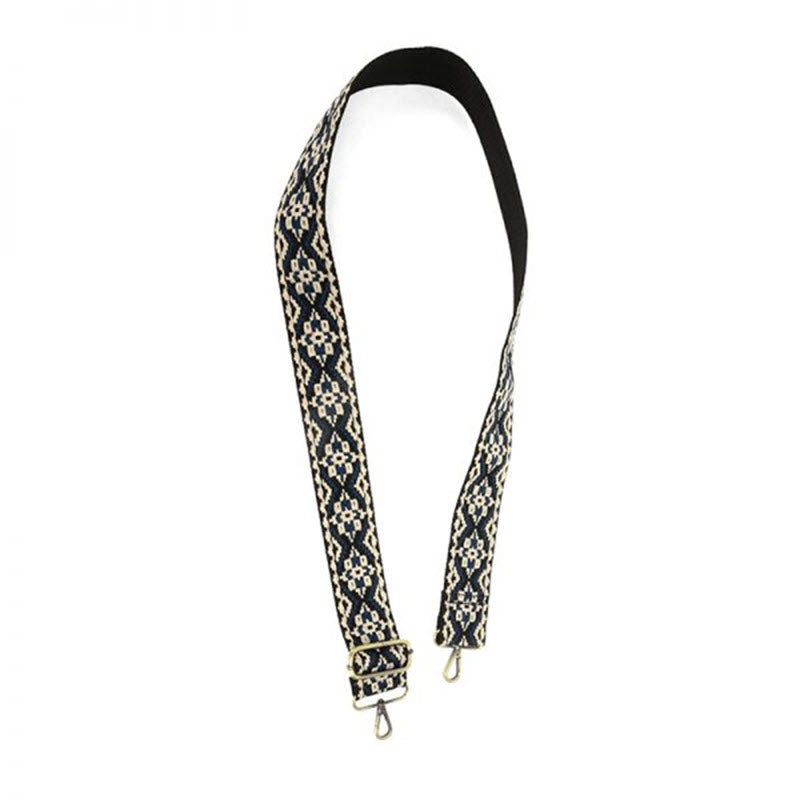 Black and white embroidered boho patterns camera strap with metal clips on a white background. - JOY SUSAN CAMERA STRAP EMBROIDERED BLACK/WHITE