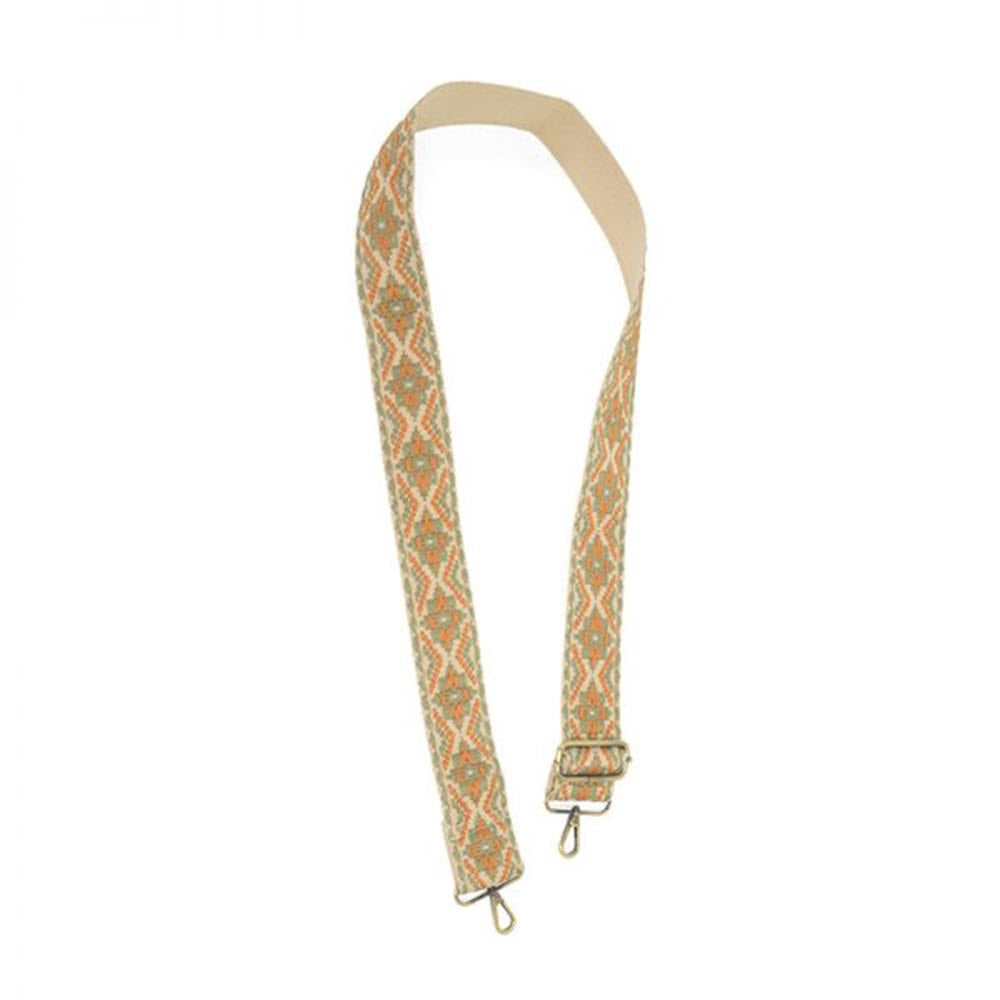 Patterned fabric suspenders with metal clasps featuring embroidered boho patterns on a white background: Joy Susan JOY GUITAR STRAP EMBROIDERED NATURAL.