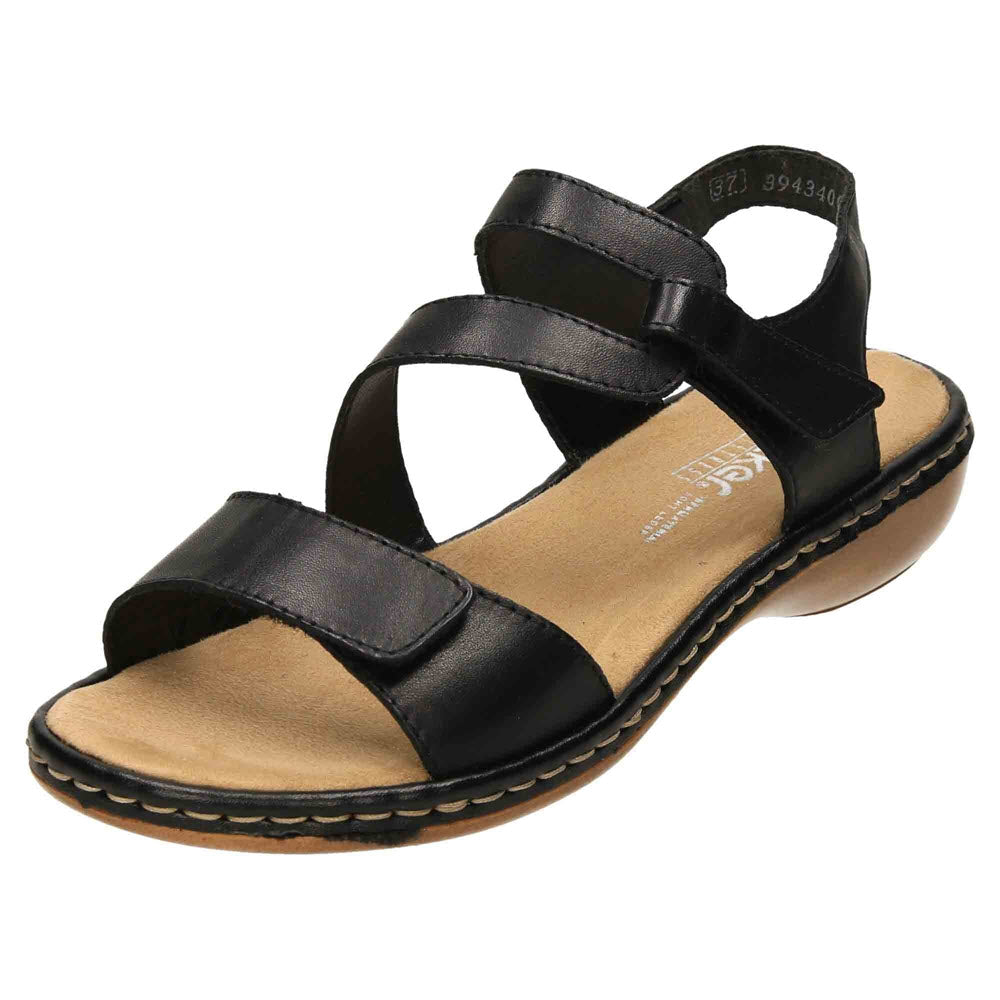 Rieker Comfort Z Strap Sandal Black - Womens with hook and loop fastening straps on white background.