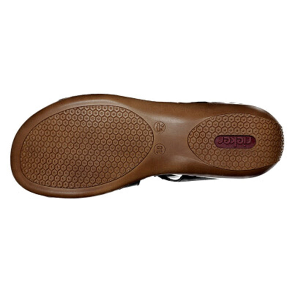 Sole of a Rieker Comfort Z Strap Sandal Black - Womens displaying its tread pattern and branding.