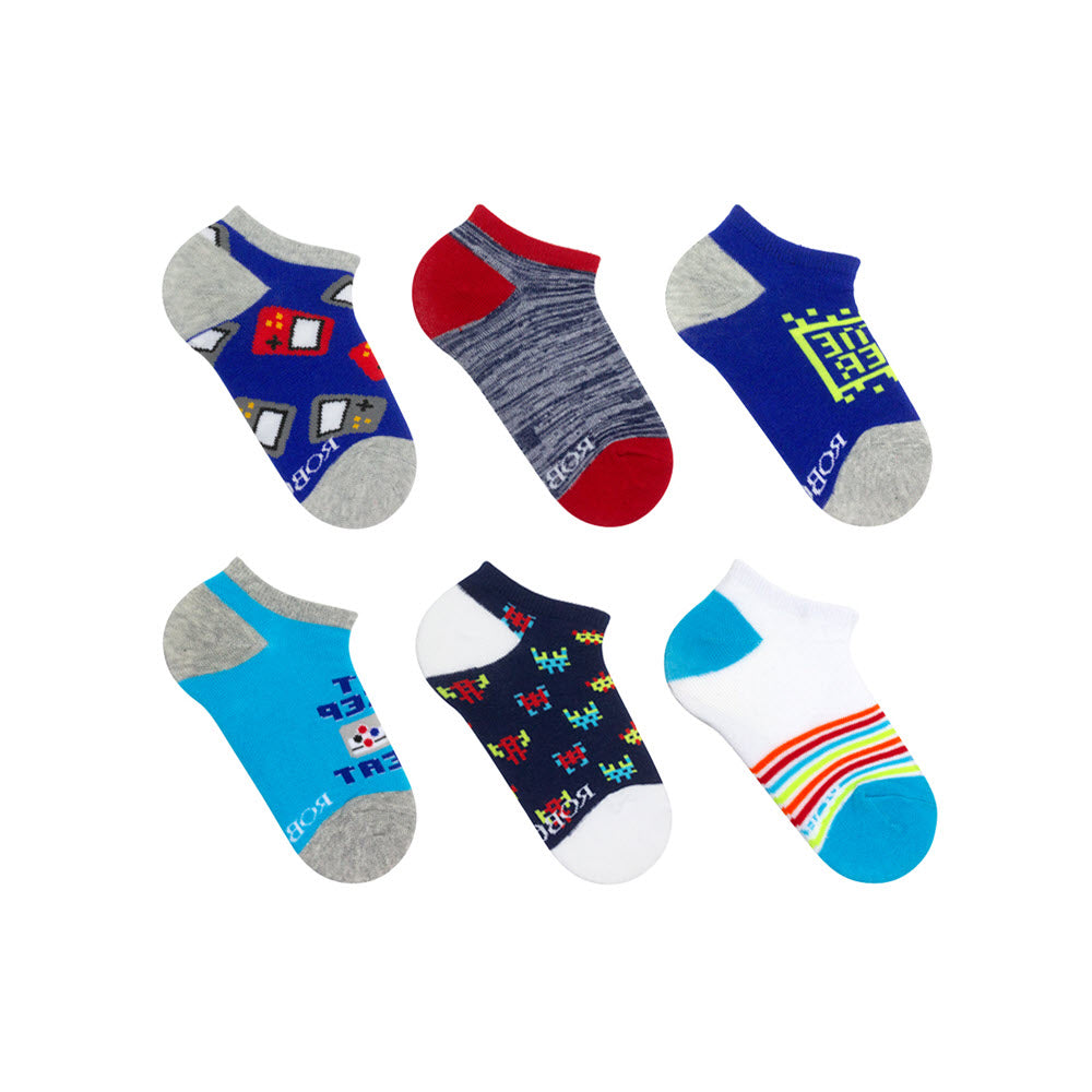 Six pairs of Robeez Little Gamer no-show socks with various video game theme patterns displayed on a white background.
