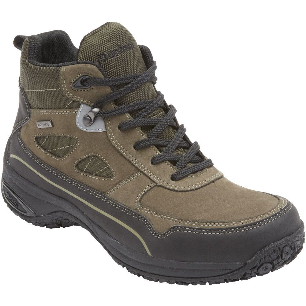 Dunham olive green men&#39;s hiking boots featuring gray trim, metal eyelets, and a durable rubber outsole.