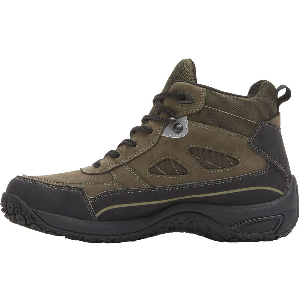 Sentence with replaced product: Olive-green and black Dunham men&#39;s hiking boots, featuring cut-out designs and a sturdy sole, shown in profile view on a white background.
