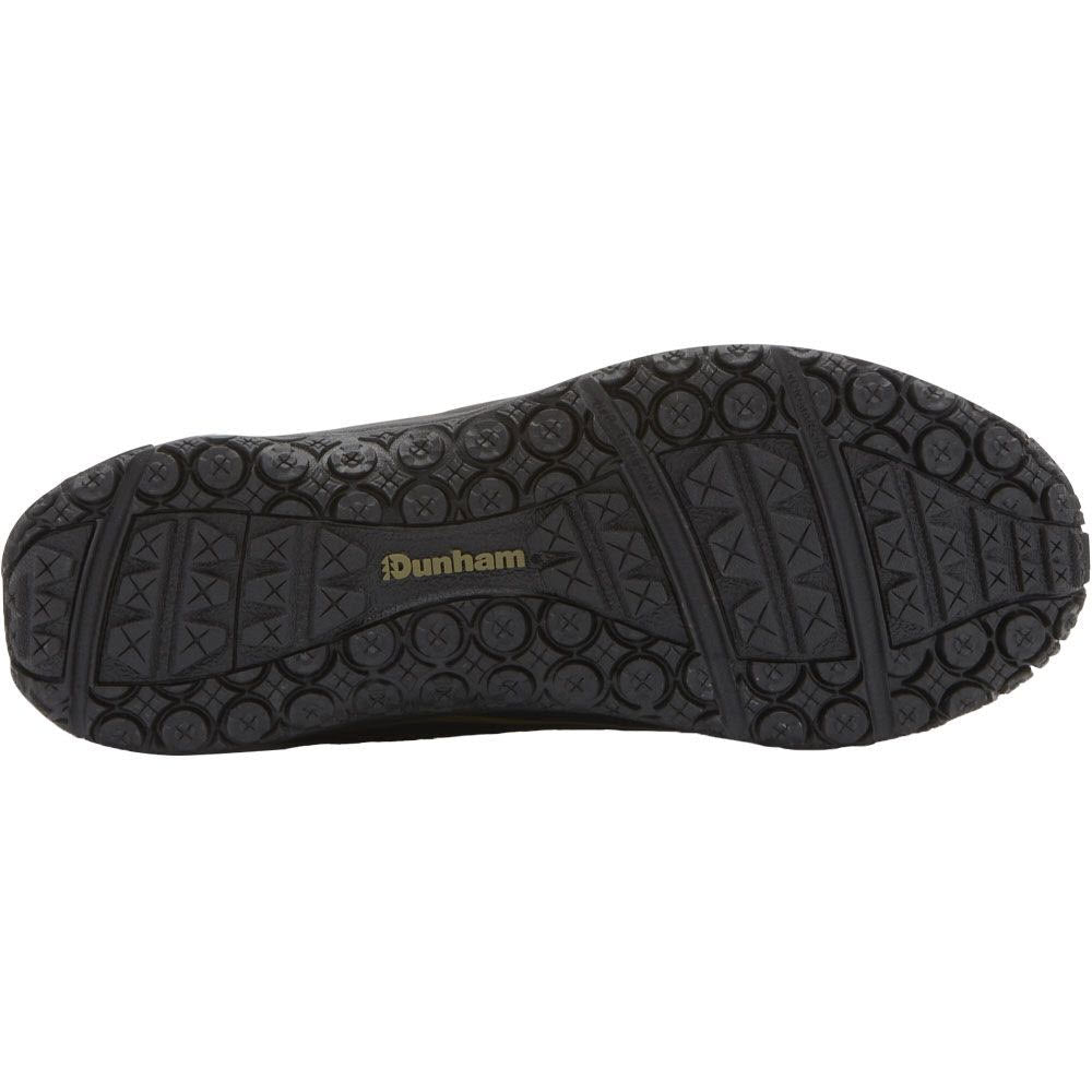 Bottom view of a black Dunham Cloud Plus Mid II hiking boot showcasing its durable rubber outsole with circular and diamond patterns and the brand logo in the center.