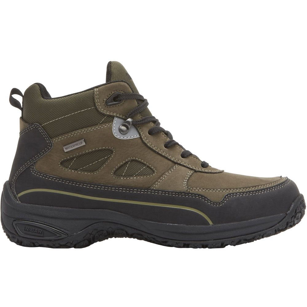 A single Dunham olive green and dark brown men&#39;s hiking boot with robust soles and metal eyelets.