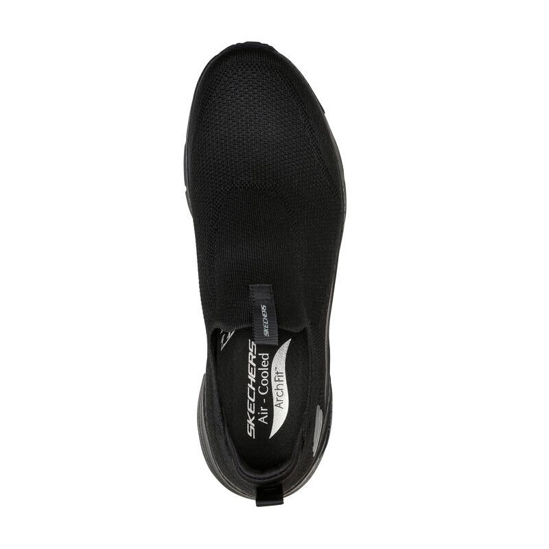 Top view of a Skechers Arch Fit Keep It Up black slip-on sneaker featuring a breathable synthetic upper.