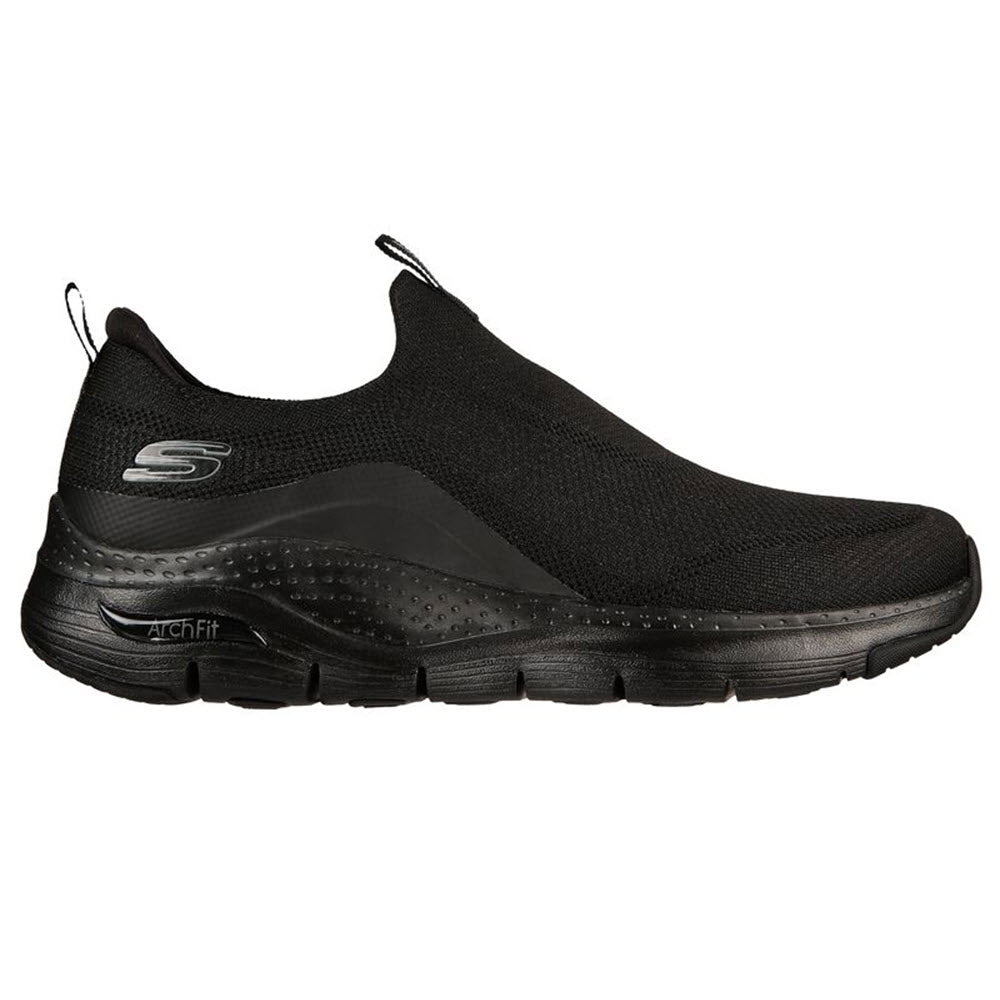 A single black slip-on Skechers Arch Fit Keep It Up sneaker with air-cooled memory foam and a breathable synthetic upper.