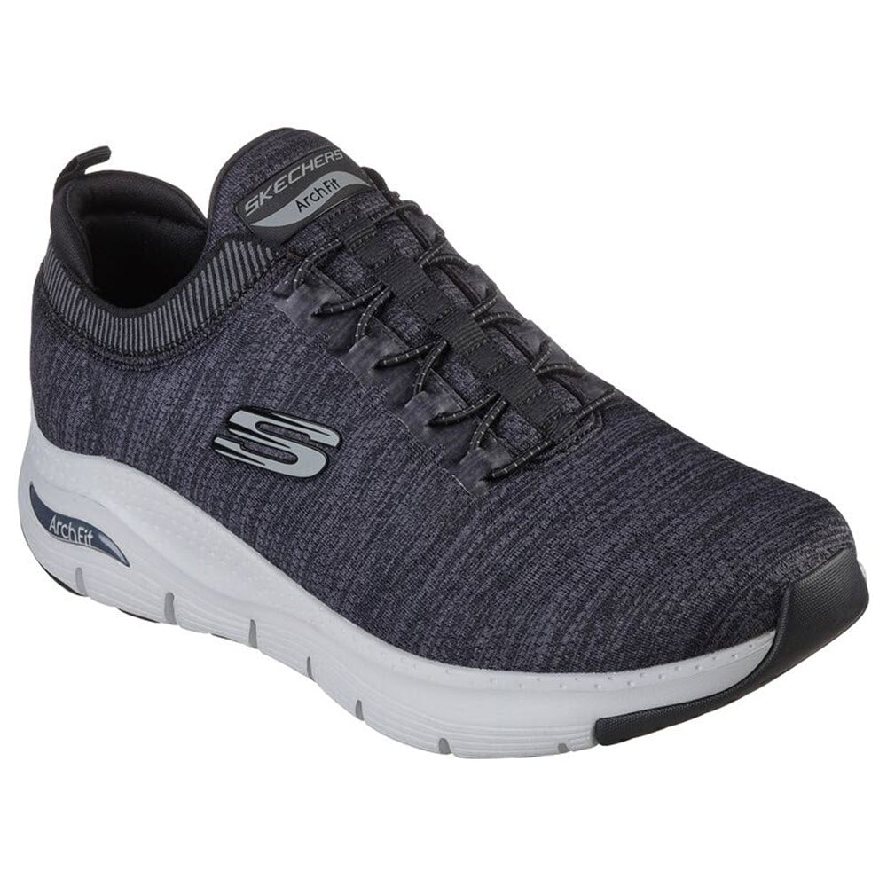 A single Skechers Arch Fit Waveport Black/Grey athletic shoe with podiatrist-certified arch support and laces on a white background.
