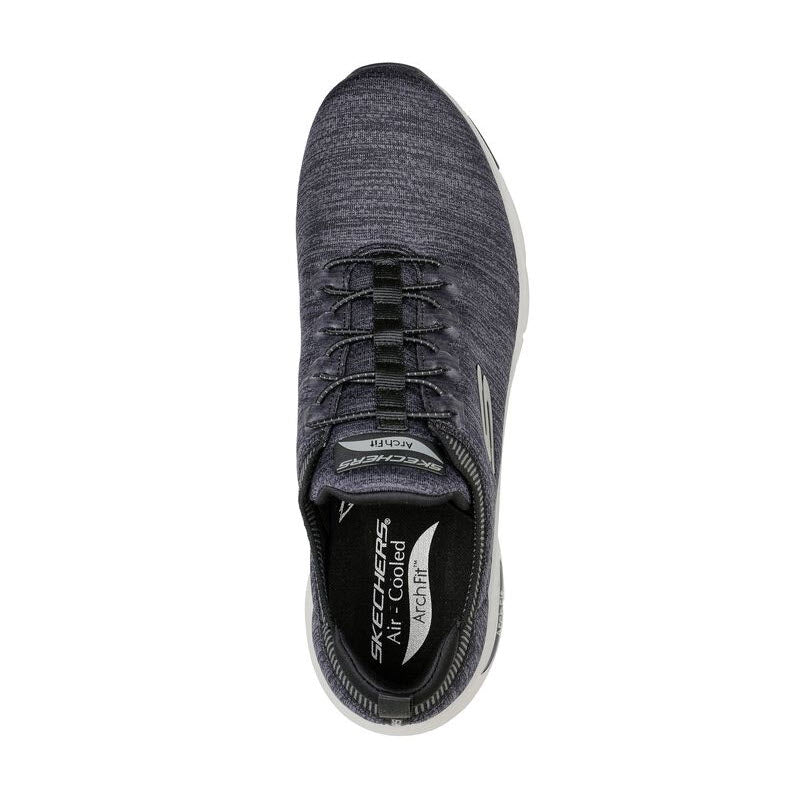 Top view of a grey Skechers Arch Fit Waveport running shoe with podiatrist-certified arch support.