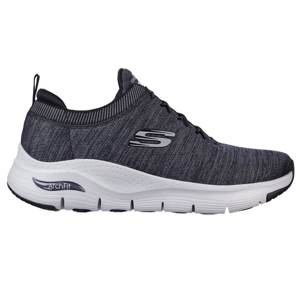 Side view of a Skechers Arch Fit Waveport Black/Grey sneaker with podiatrist-certified arch support.