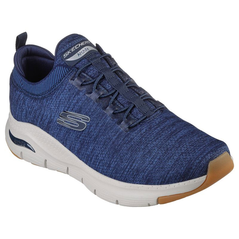 Blue Skechers Arch Fit Waveport Navy casual sport shoe with laces on a white background.