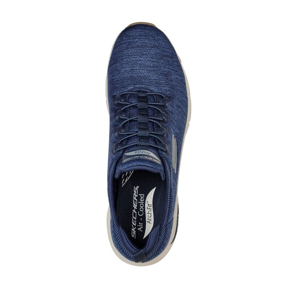 Top view of a single blue Skechers Arch Fit Waveport Navy athletic shoe.
