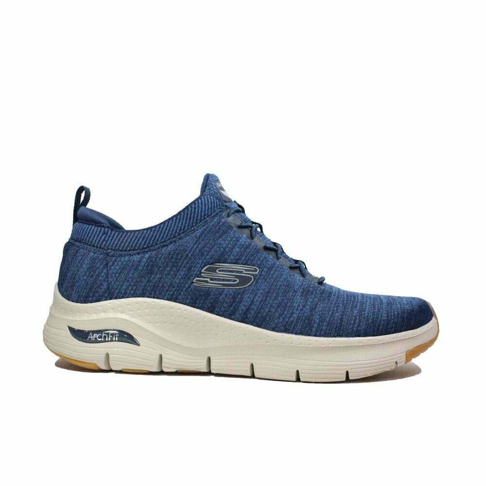 A single blue and white Skechers Arch Fit Waveport Navy sneaker displayed against a neutral background.