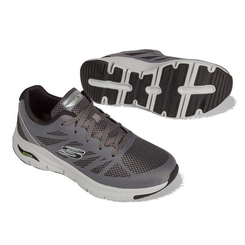 A pair of Skechers Arch Fit Charge Back Charcoal/Black men’s athletic shoes displayed at an angle showing the side profile and sole design.
