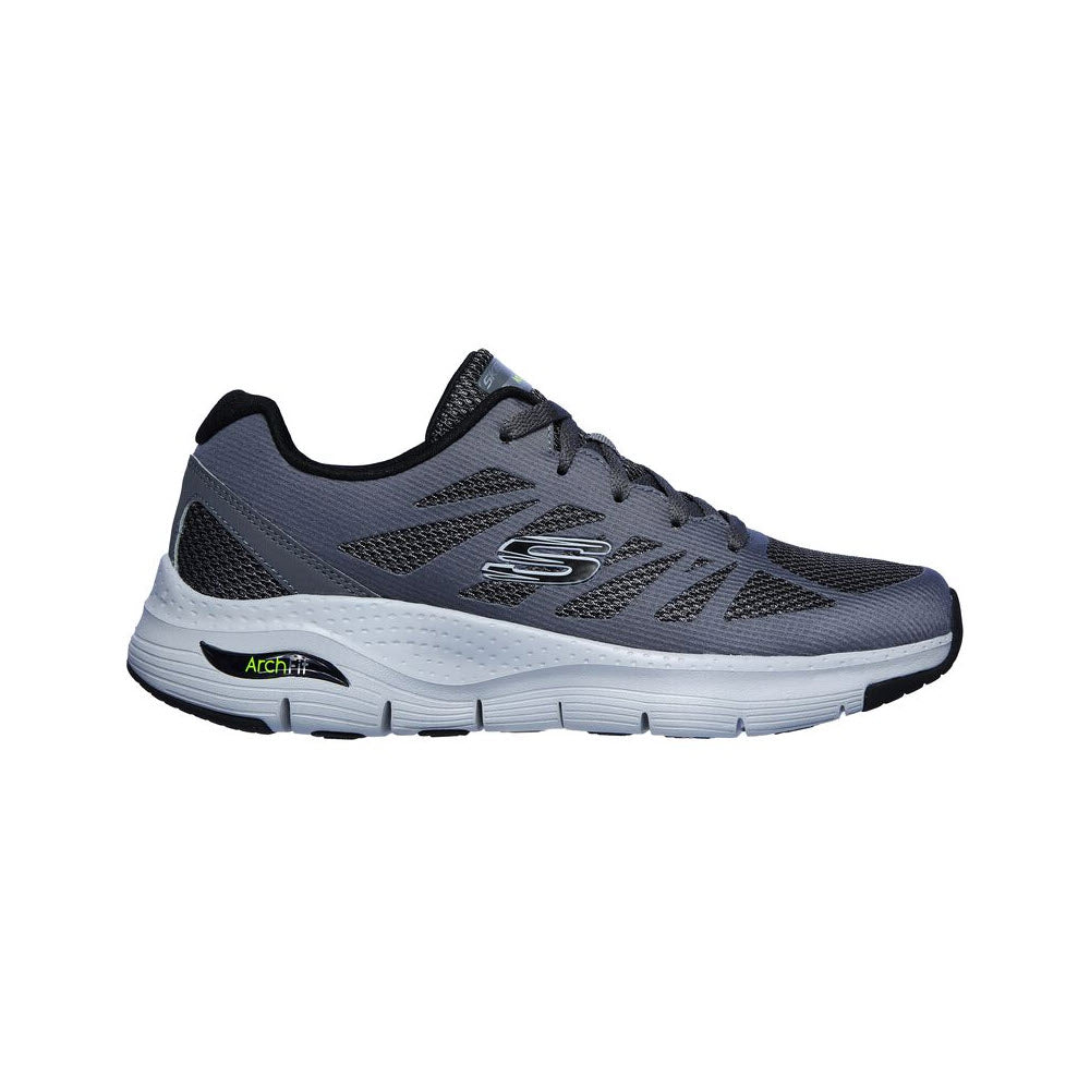 Men’s athletic Skechers ARCH FIT CHARGE BACK CHARCOAL/BLACK running shoe with white sole, side logo branding, and removable insole.