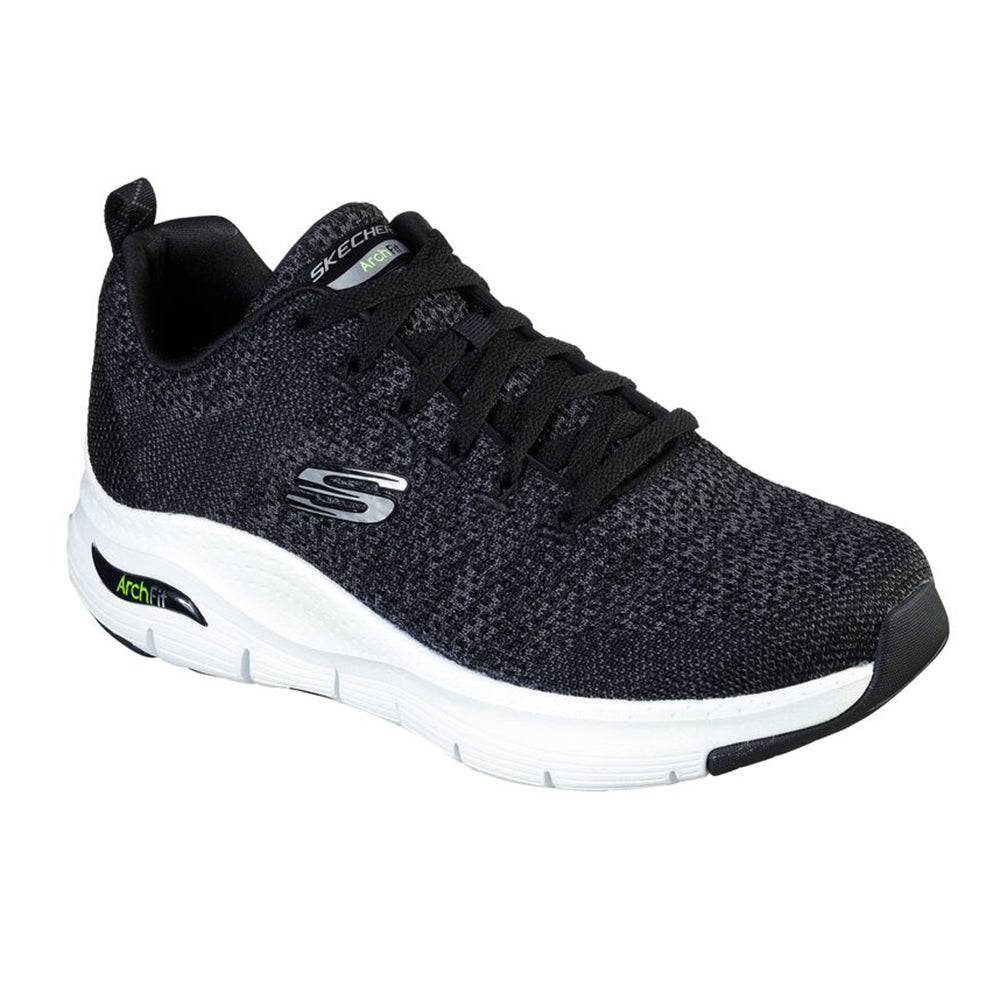 Men&#39;s Skechers Arch Fit Paradyme black and white athletic sneaker with a knit upper and white sole, featuring Skechers Arch Fit podiatrist-certified arch support.