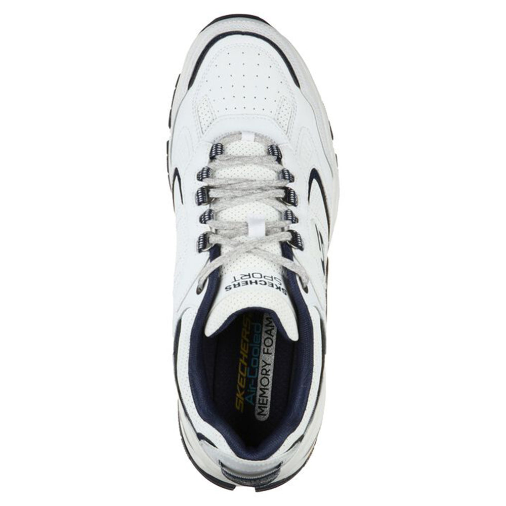 Top view of a white and blue Skechers Vigor 3.0 Arbiter running shoe with Air-Cooled Memory Foam insole.