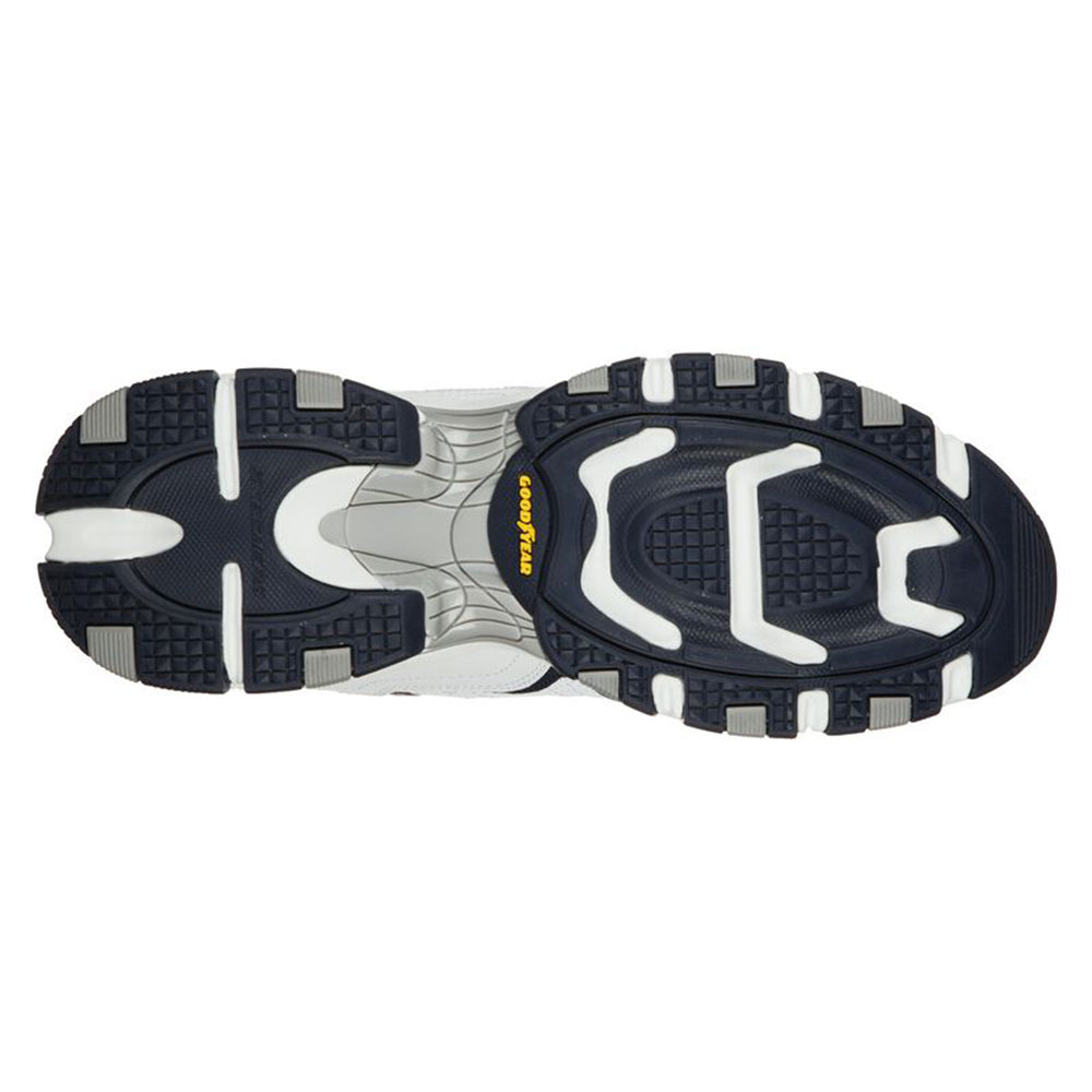 Sole of a sports shoe with Skechers Rubber outsole and tread pattern.