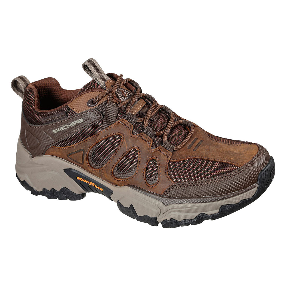 A single dark brown Skechers Selvin Relaxed Fit hiking shoe with mesh inserts and a rubber outsole.