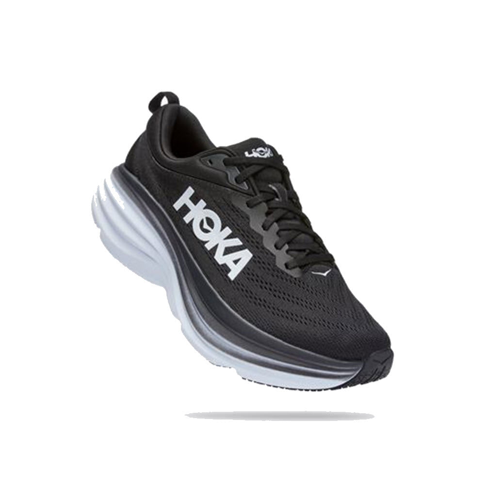 Black HOKA BONDI 8 running shoe with ultra-cushioned shoes and a white sole on a white background.