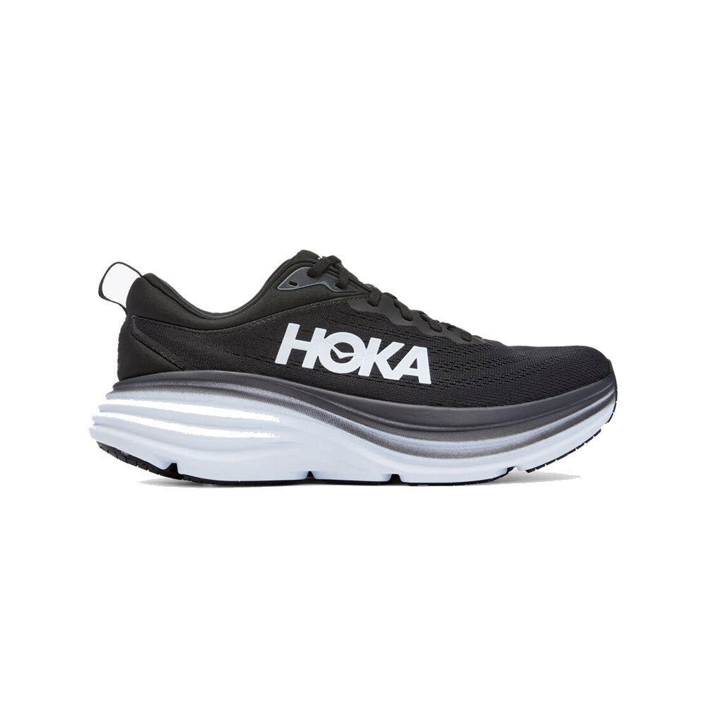 Black and white HOKA Bondi 8 running shoe with oversized sole and large "Hoka" logo on the side, displayed against a white background.
