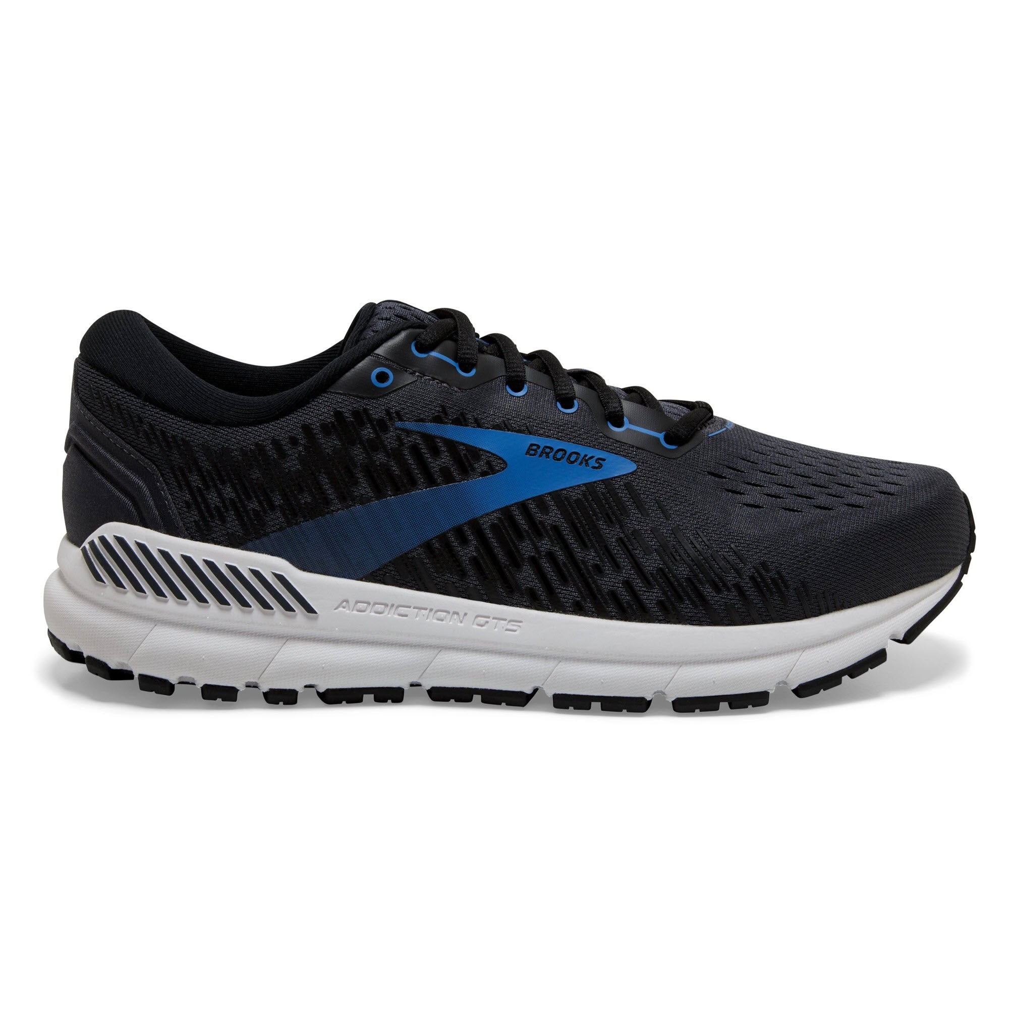 A black and blue Brooks Addiction GTS 15 running shoe with GuideRail technology and a white sole, designed for overpronators.