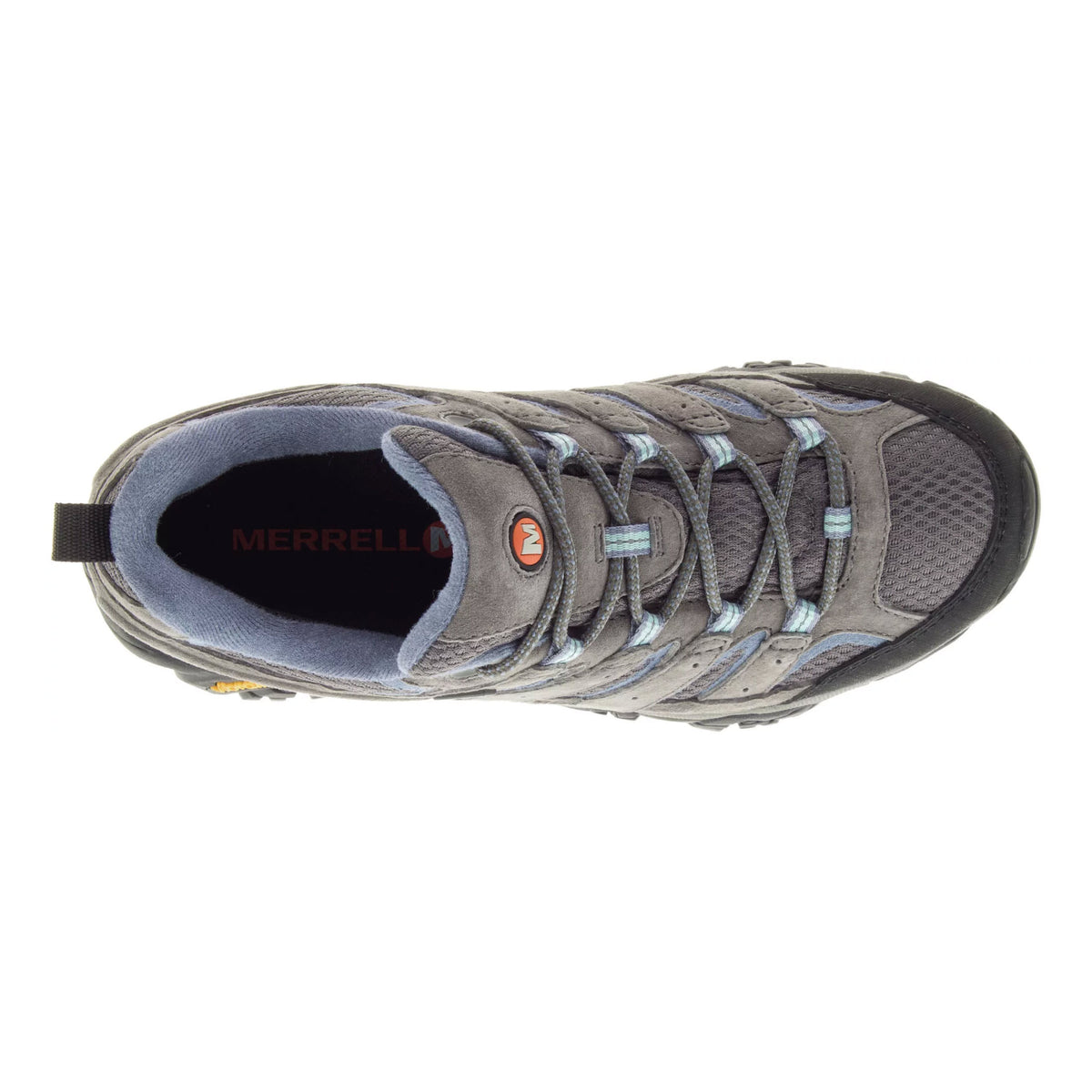 Top view of a gray Merrell MOAB 2 Granite - Womens waterproof hiking shoe showcasing laces, a dark inner lining, and the brand name visible on the insole.
