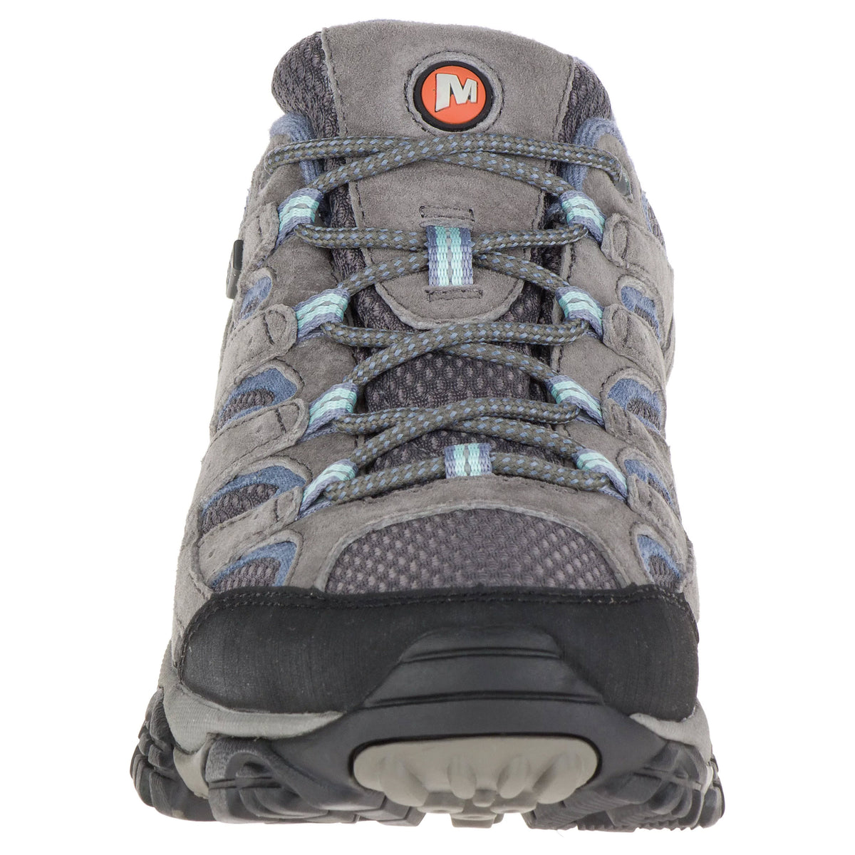 Front view of a Merrell Moab 2 Granite - Womens hiking boot with laces and a visible logo on the tongue.