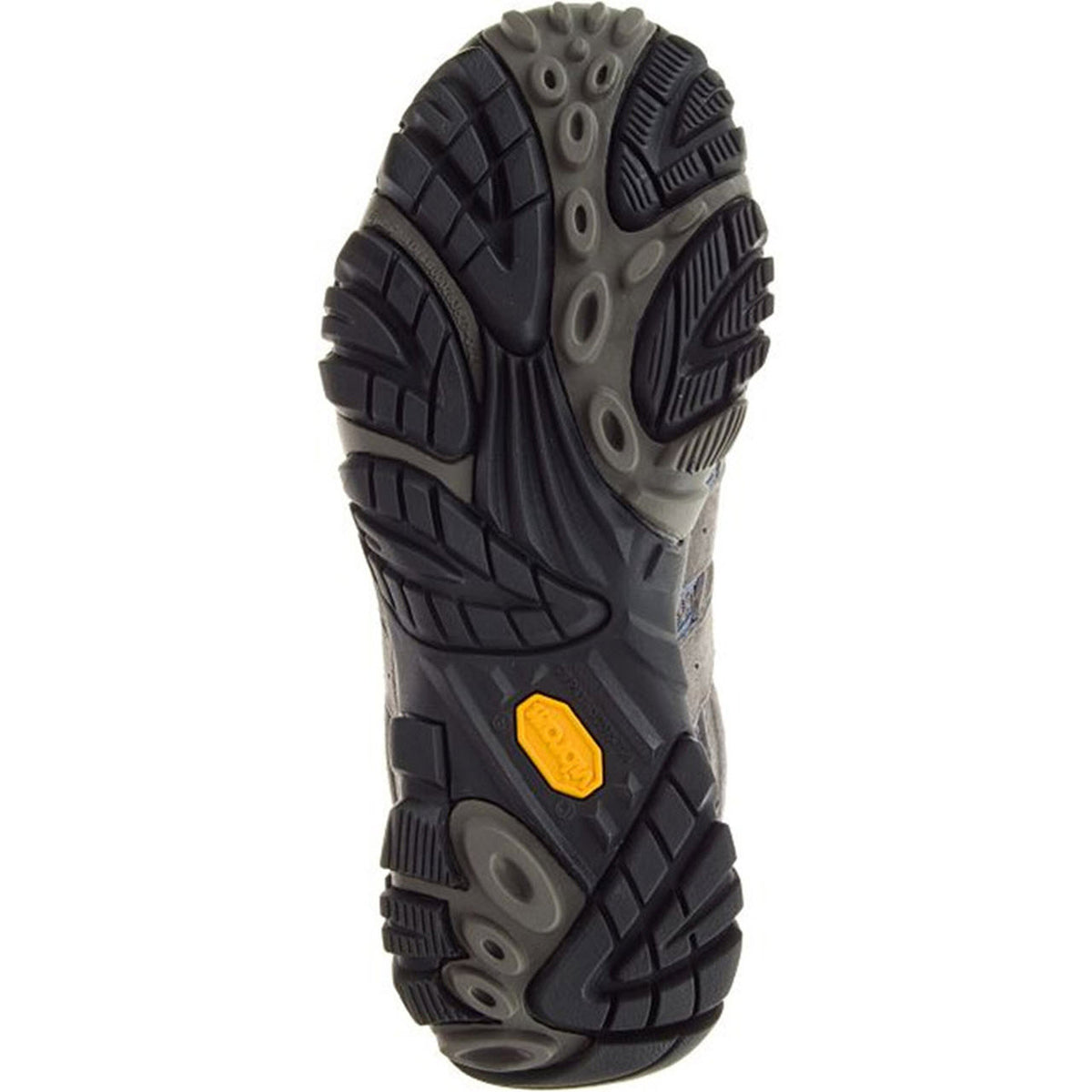 Sole of a Merrell hiking boot featuring multi-directional treads and an orange oval logo with a Vibram rubber outsole.