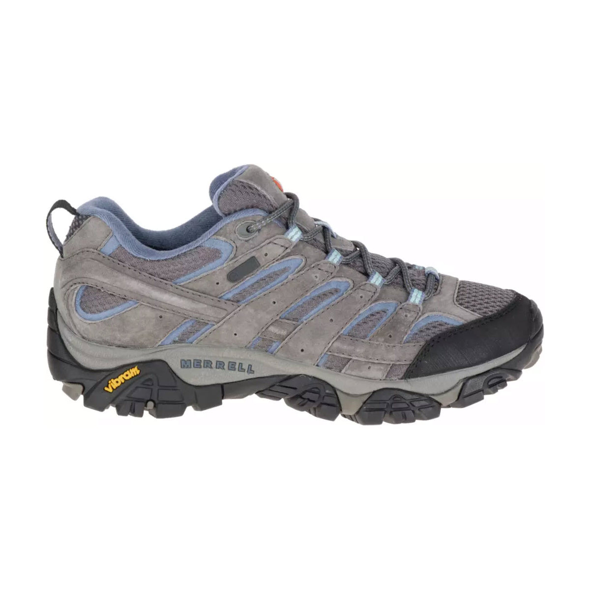 A single waterproof Merrell MOAB 2 Granite - Womens hiking shoe featuring gray and blue colors with a rugged sole design.