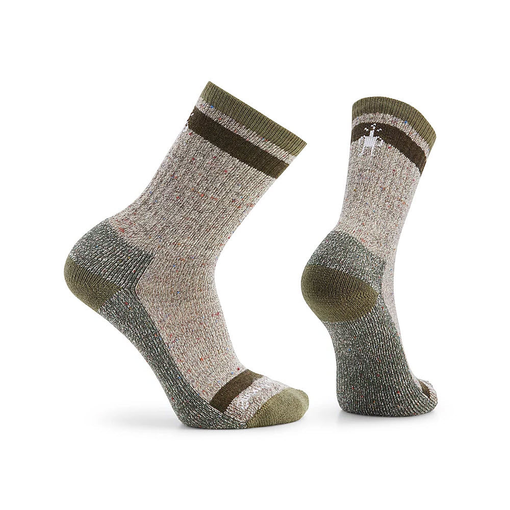 A pair of textured, multicolored Smartwool Larimer Crew Socks displayed in a standing position against a white background.