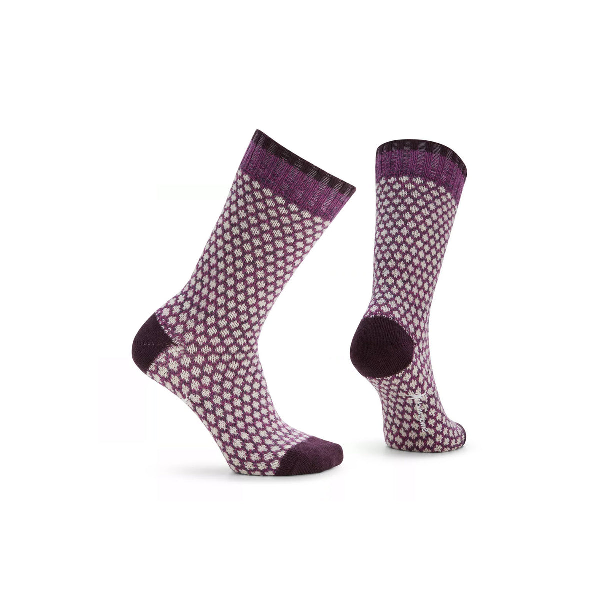 A pair of Smartwool Popcorn Crew Socks Polka Dot Twilight Blue - Womens standing upright against a white background.