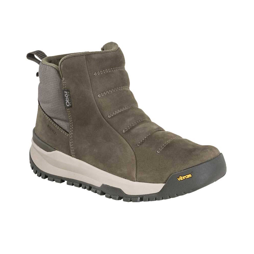A single olive green OBOZ SPHINX PULL-ON INSULATED BDRY PINEDALE hiking boot with gray accents and a Vibram Arctic Grip A.T. sole, viewed from the side.