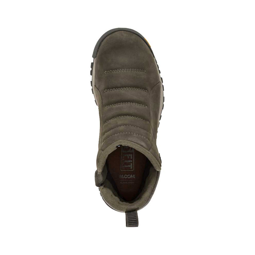 Top view of a single gray suede hiking boot with visible stitching, an Oboz B-DRY waterproofing pull tab on the heel.