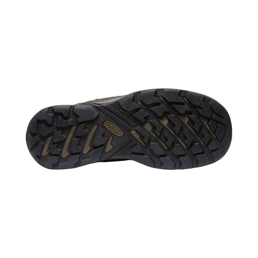 Sole of a hiking boot displaying intricate tread pattern, KEEN.DRY waterproof membrane, and Keen branded logo.