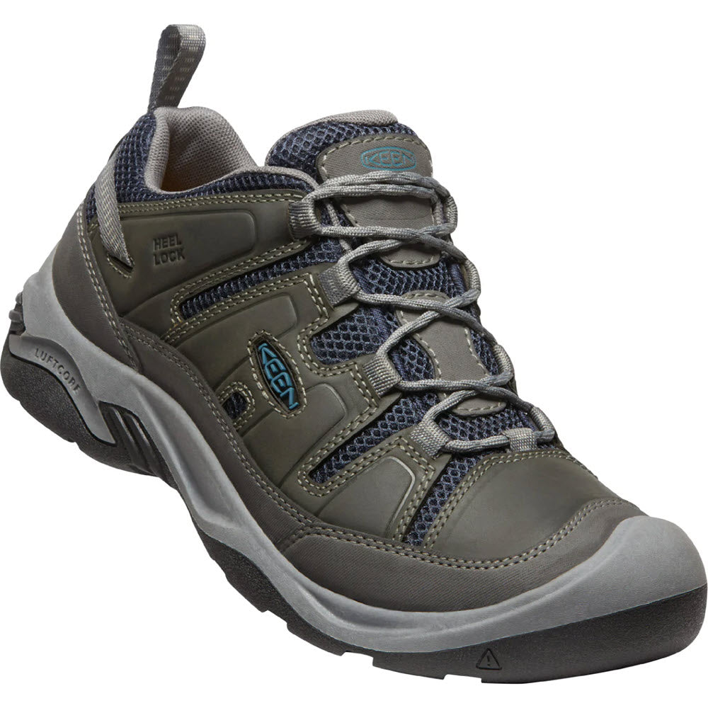 A single gray and blue KEEN CIRCADIA VENT STEEL - MENS hiking shoe with mesh panels and sturdy soles, featuring the Keen brand logo and a webbing eyelets system.