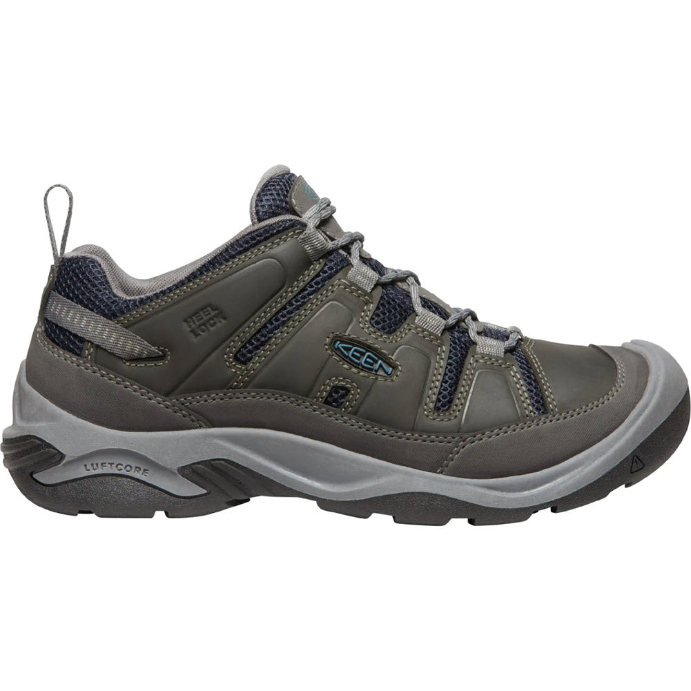 Gray hiking shoe with blue laces, featuring a KEEN CIRCADIA VENT STEEL - MENS logo and a luftcore sole.