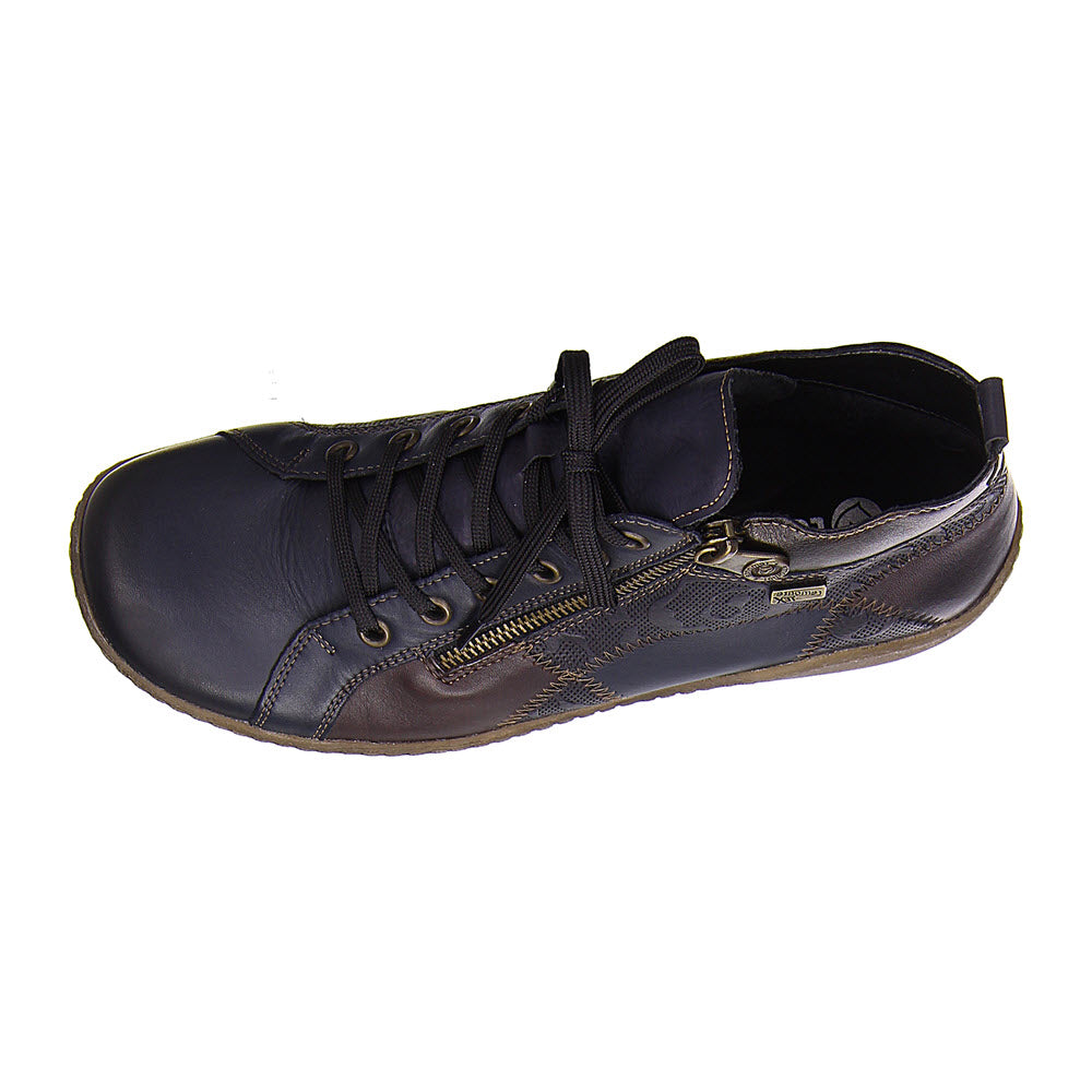 A single REMONTE MIXED MATERIAL HIGH TOP NAVY COMBI sneaker with laces, a side zipper, and a removable footbed, isolated on a white background.