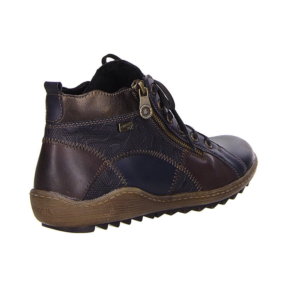 A single dark brown Remonte MIXED MATERIAL HIGH TOP NAVY COMBI lace-up boot with lace-up front, side zipper, and a removable footbed against a white background.