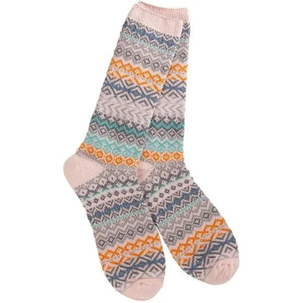 A pair of Worlds Softest Studio Crew Socks in Simply Taupe with a multicolored geometric pattern on a white background.