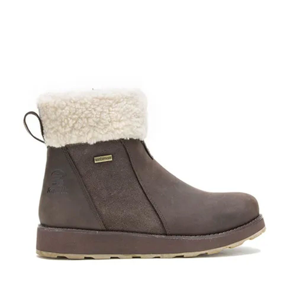A Kamik Ariel Fur Zip Dark Brown winter ankle boot with thermal insulation and a plush lining.